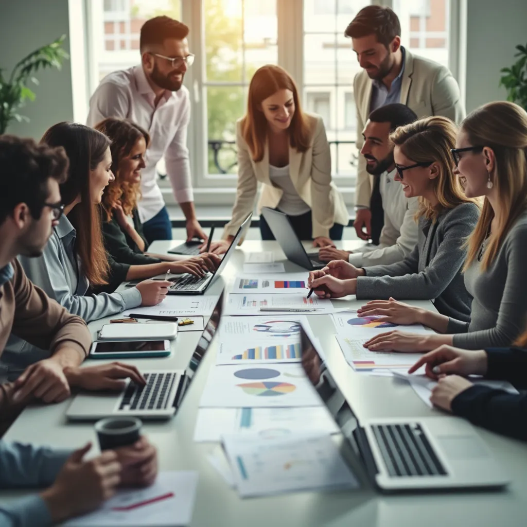 Equipo colaborando en estrategias de negocio